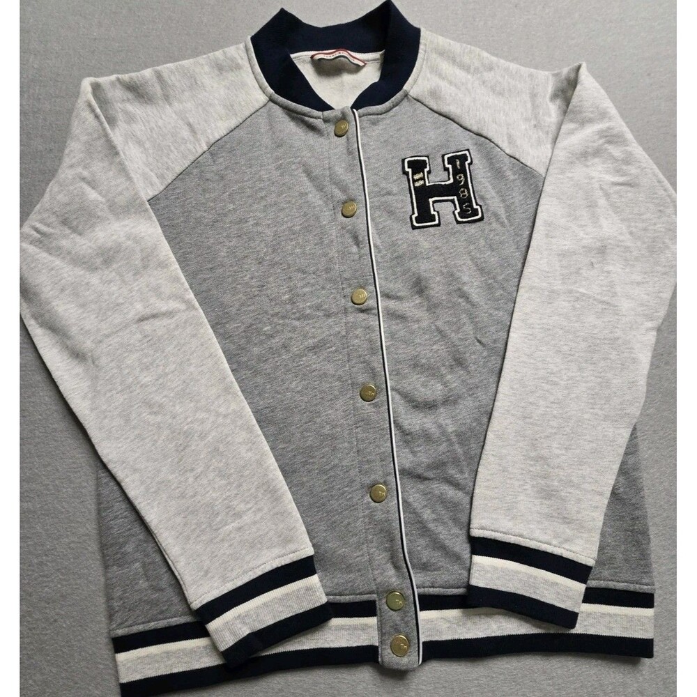 Tommy Hilfiger Varsity Bomber Jacket Women’s Medium Gray Snap Front Logo Jacket